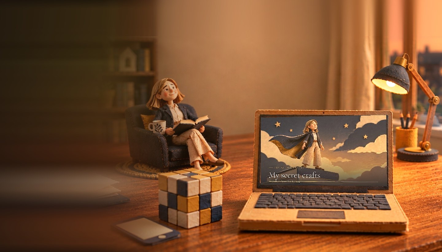 Nauczycielka z filcu siedzi w fotelu z herbatą i książką; obok na biurku kostka Notecraft i otwarty laptop.